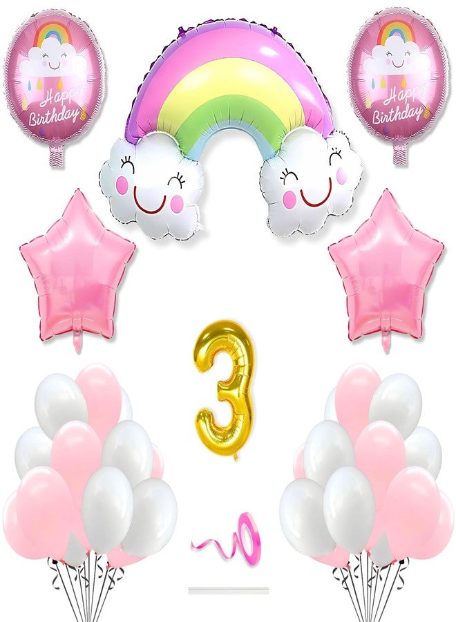 Flyloons 3rd Rainbow Theme Decoration for Birthday Multicolour 3 year Baby Boys Girls Kids 5 Pcs Rainbow Balloons 30 Pcs Pastel Balloons Decoration Kit Set Items 2 Pcs Pink Star - Image 1